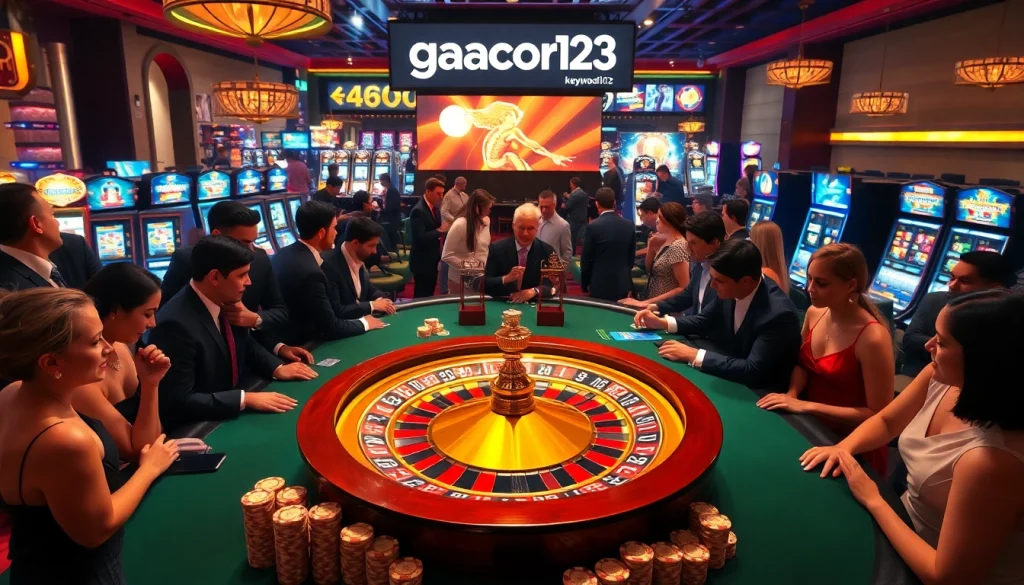 Watch players enjoy thrilling games at the casino with gacor123 featured on the digital screen, showcasing excitement and high stakes.